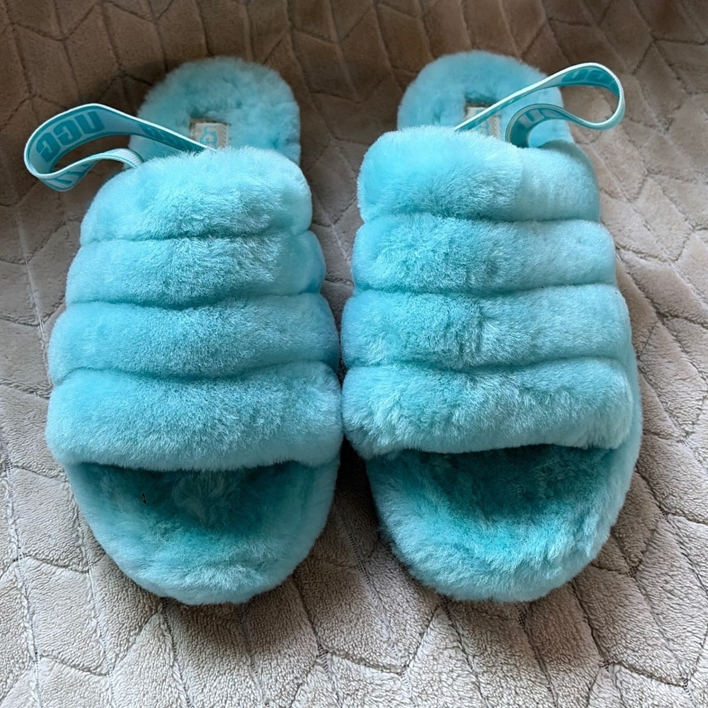 UGG Fluff Yeah Slide Turquoise Blue Sheepskin Platform Slingback Slippers